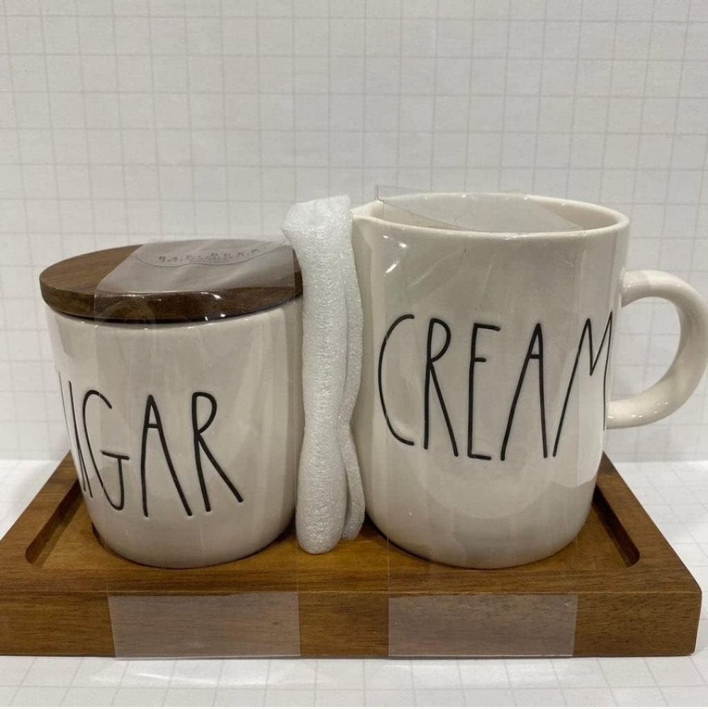 Rae Dunn SUGAR Jar + CREAM Creamer Set with WOOD Tray